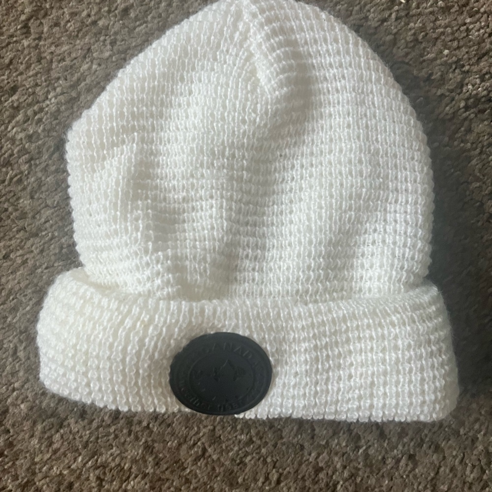 White Knit Beanie with Black Button